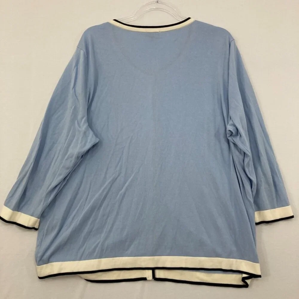 Talbots size‎ 2X Blue White Preppy 3/4 Sleeve Light Stretch Knit Button Cardigan